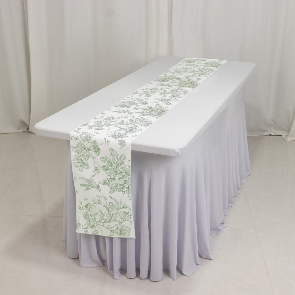 Polyester Table Runner 12"x108" White with Dusty Sage Green French Toile Floral Print Reusable Table DÃ©cor - Bell Racket Store