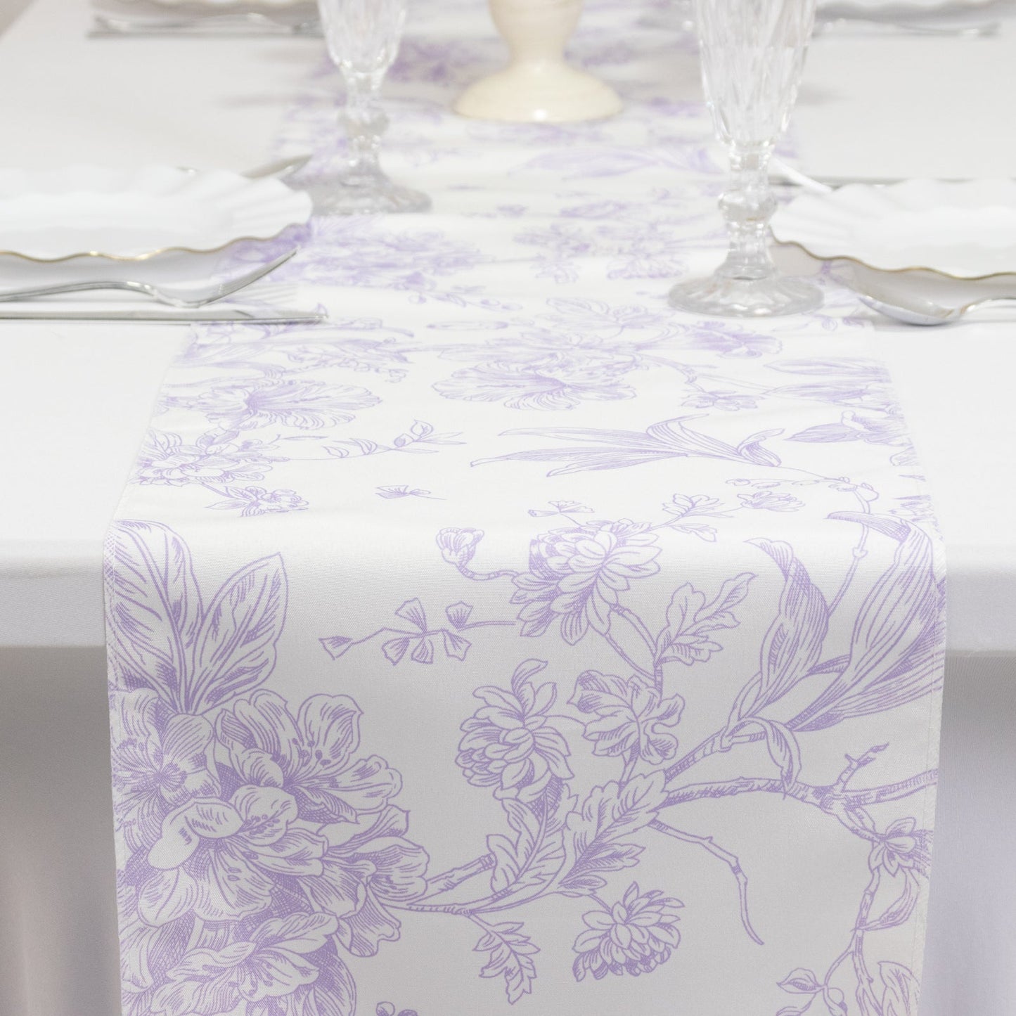 Polyester Table Runner 12"x108" White with Lavender Lilac French Toile Floral Print - Stylish Reusable Table DÃ©cor - Bell Racket Store
