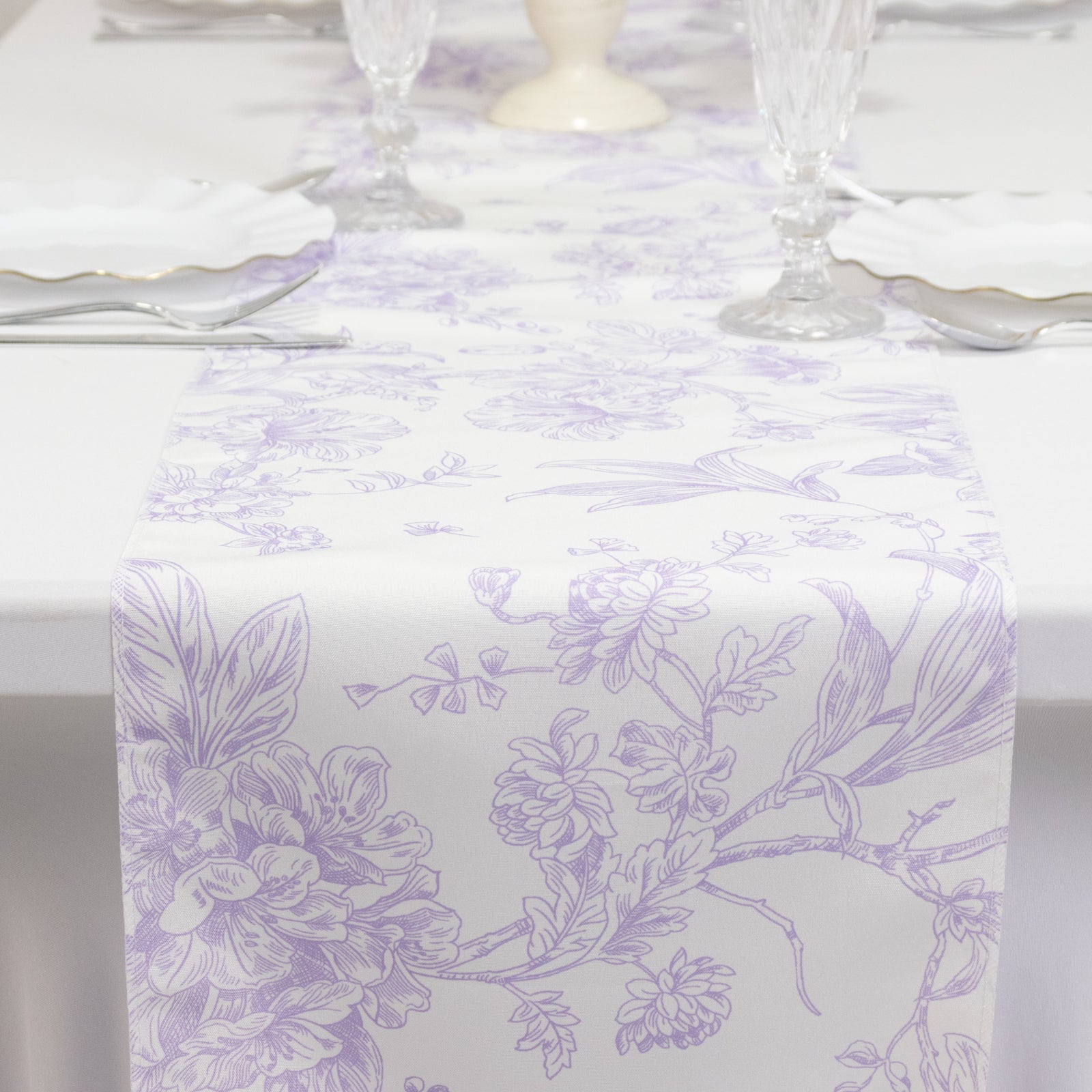 Polyester Table Runner 12"x108" White with Lavender Lilac French Toile Floral Print - Stylish Reusable Table DÃ©cor - Bell Racket Store