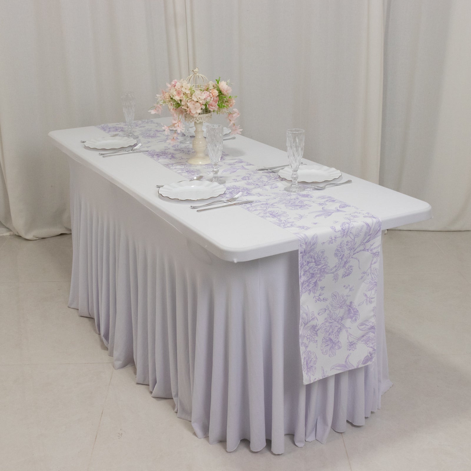 Polyester Table Runner 12"x108" White with Lavender Lilac French Toile Floral Print - Stylish Reusable Table DÃ©cor - Bell Racket Store