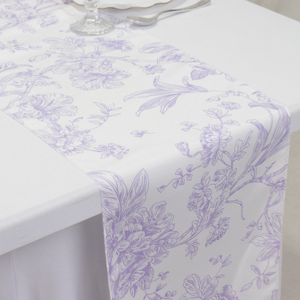 Polyester Table Runner 12"x108" White with Lavender Lilac French Toile Floral Print - Stylish Reusable Table DÃ©cor - Bell Racket Store