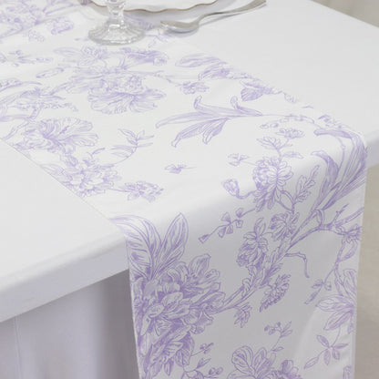 Polyester Table Runner 12"x108" White with Lavender Lilac French Toile Floral Print - Stylish Reusable Table DÃ©cor - Bell Racket Store