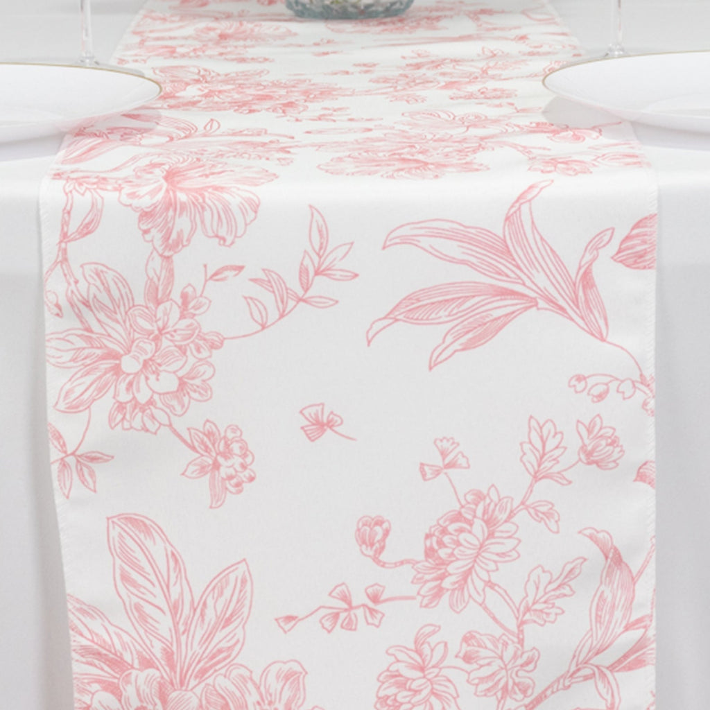 Polyester Table Runner 12"x108" White with Pink French Toile Floral Print Reusable Table DÃ©cor - Bell Racket Store