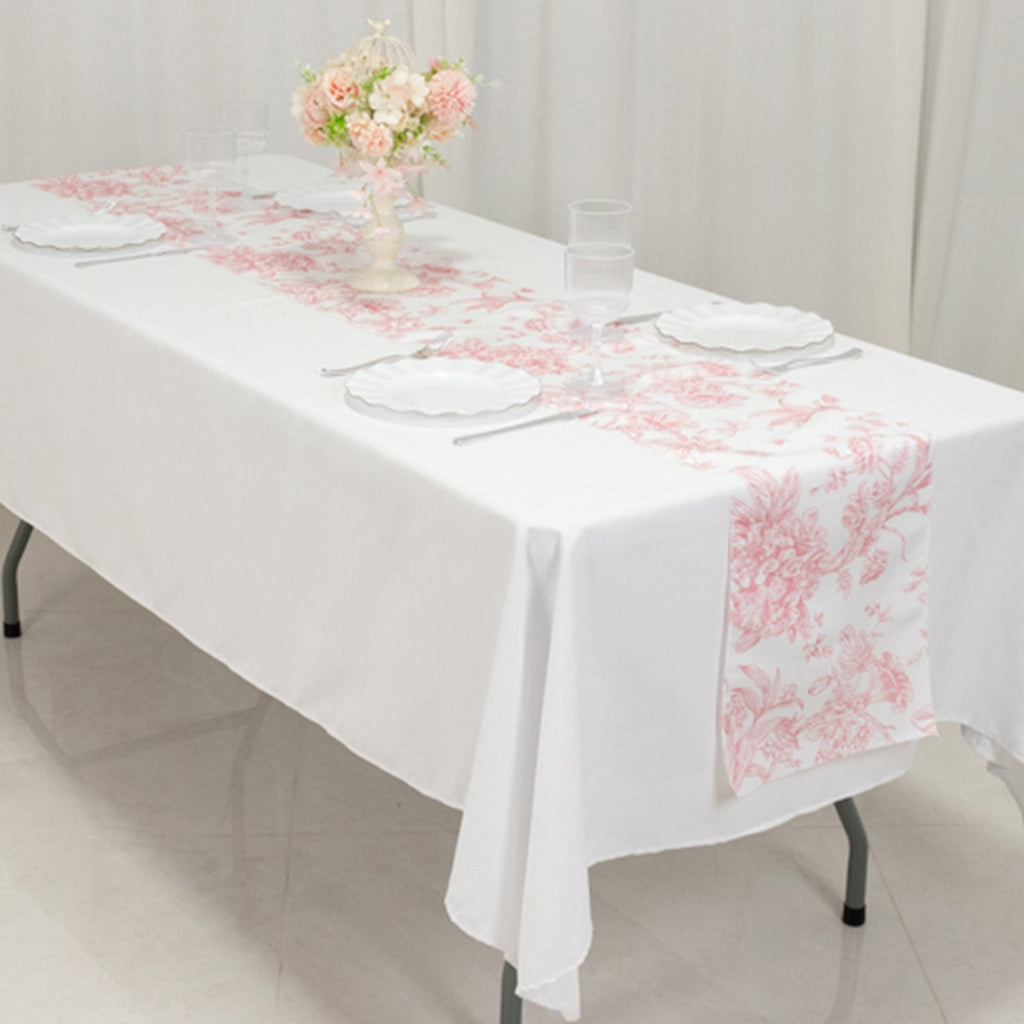 Polyester Table Runner 12"x108" White with Pink French Toile Floral Print Reusable Table DÃ©cor - Bell Racket Store