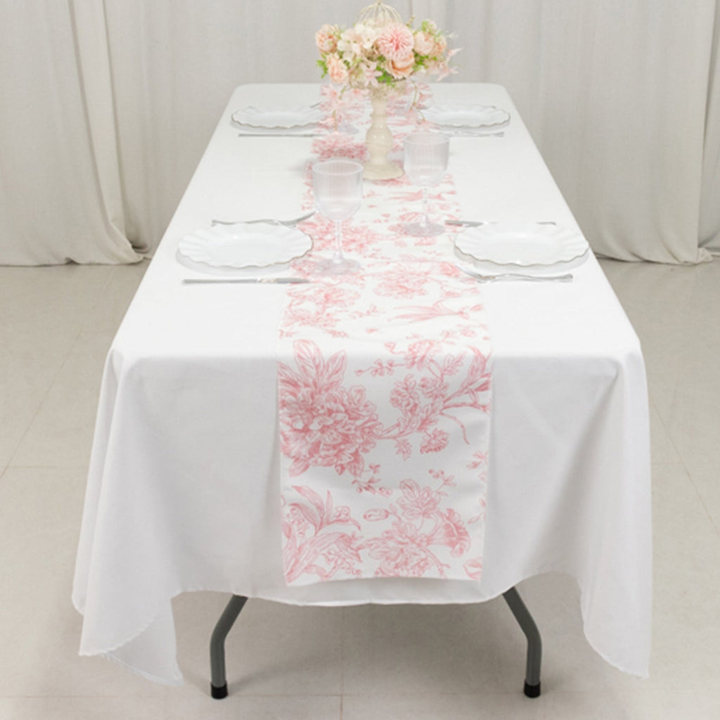 Polyester Table Runner 12"x108" White with Pink French Toile Floral Print Reusable Table DÃ©cor - Bell Racket Store