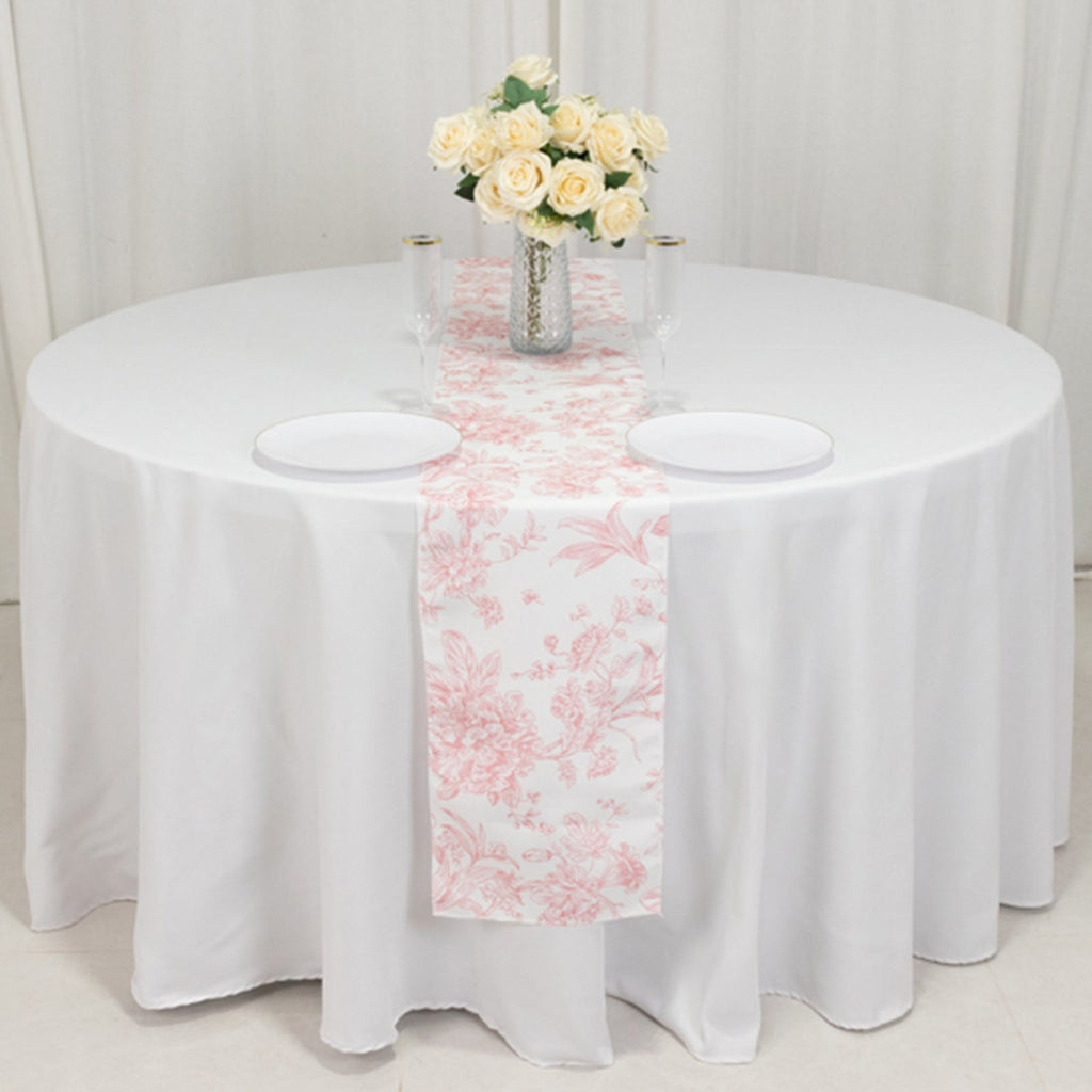 Polyester Table Runner 12"x108" White with Pink French Toile Floral Print Reusable Table DÃ©cor - Bell Racket Store