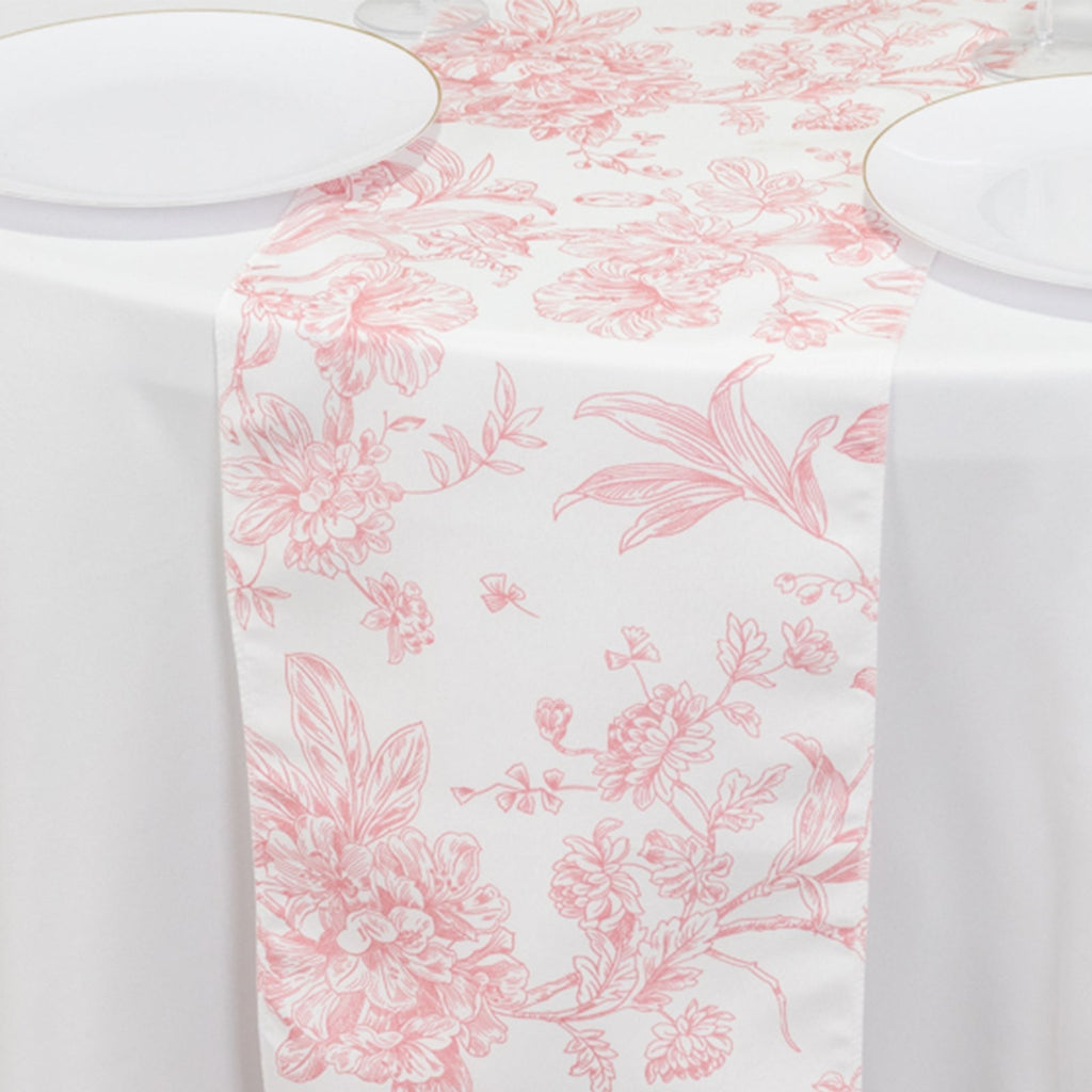Polyester Table Runner 12"x108" White with Pink French Toile Floral Print Reusable Table DÃ©cor - Bell Racket Store