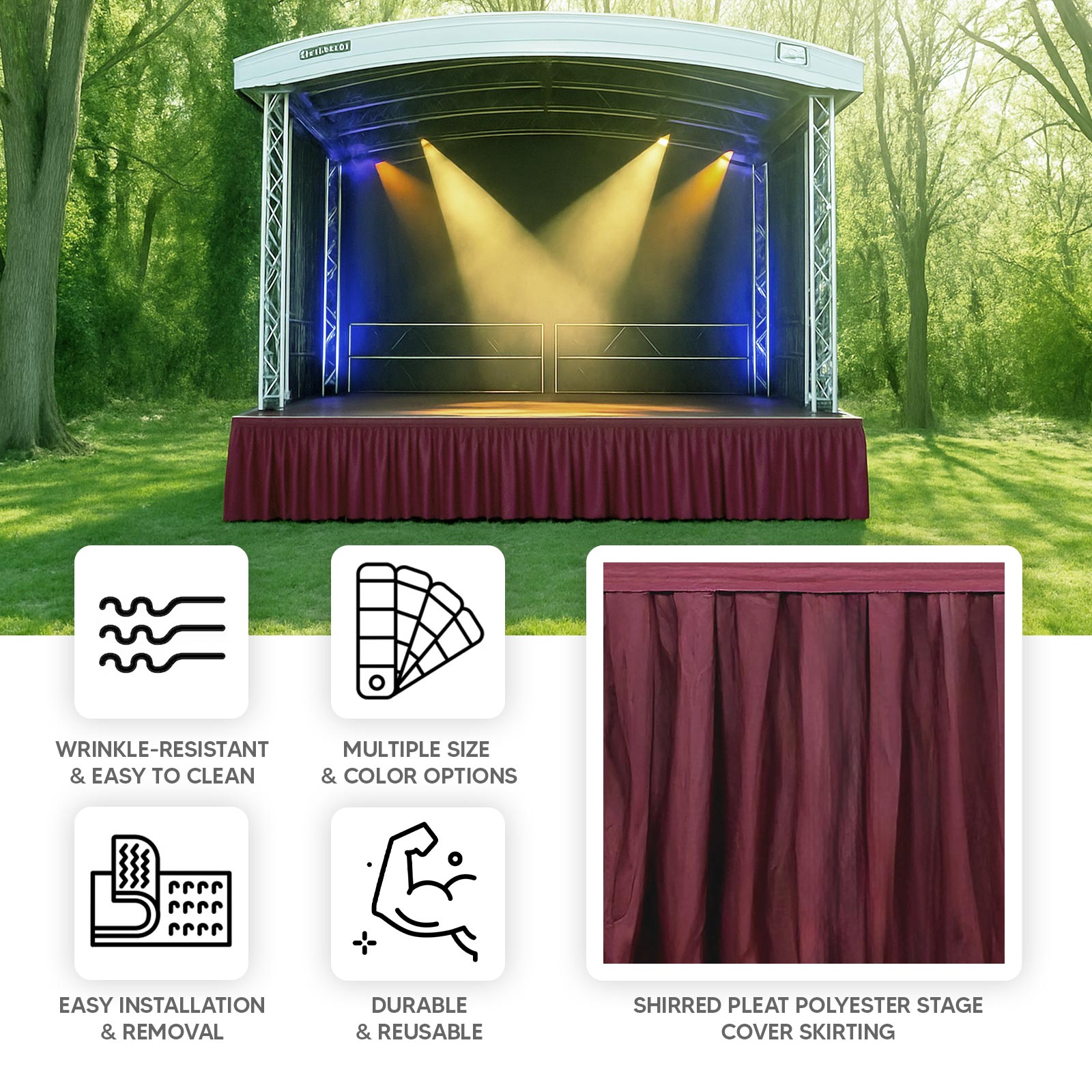 Portable Stage Skirt Burgundy Polyester Platform Skirting Cloth for Events, Performances & Wedding Staging - 24"x20ft - Bell Racket Store
