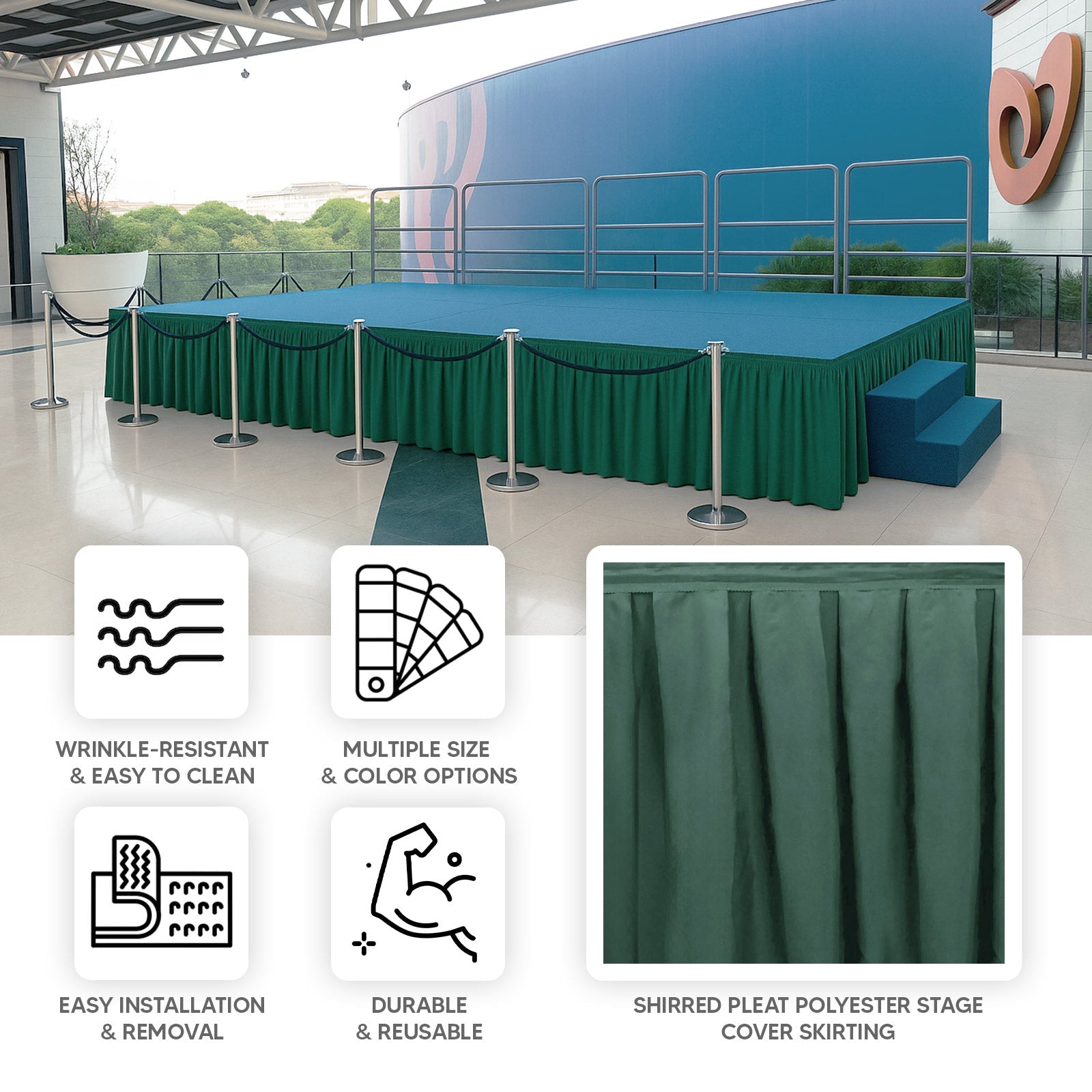 Portable Stage Skirt Hunter Emerald Green Polyester Platform Skirting Cloth for Events, Performances & Wedding Staging - 36"x20ft - Bell Racket Store