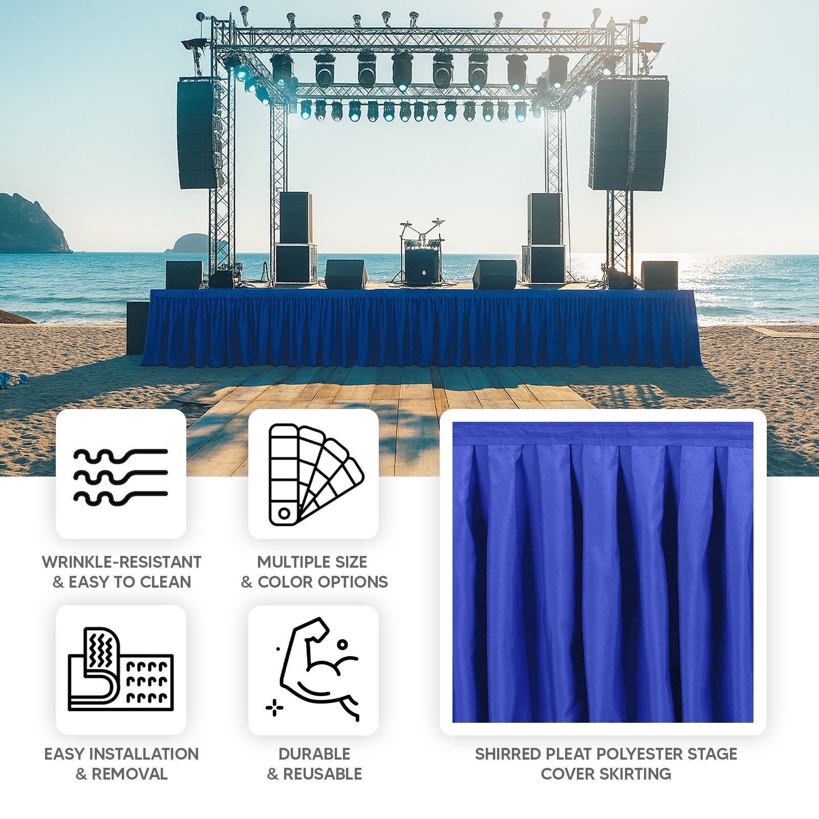 Portable Stage Skirt Royal Blue Polyester Platform Skirting Cloth for Events, Performances & Wedding Staging - 16"x10ft - Bell Racket Store