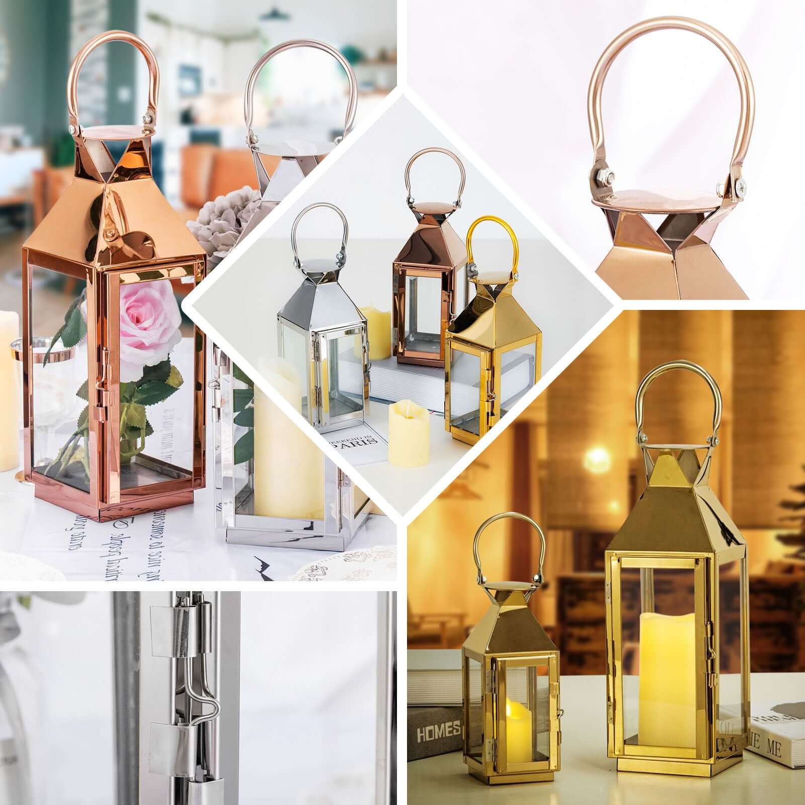 Stainless Steel Candle Lantern Crown Top Design Gold - Outdoor Metal Patio Lantern Centerpiece 8"