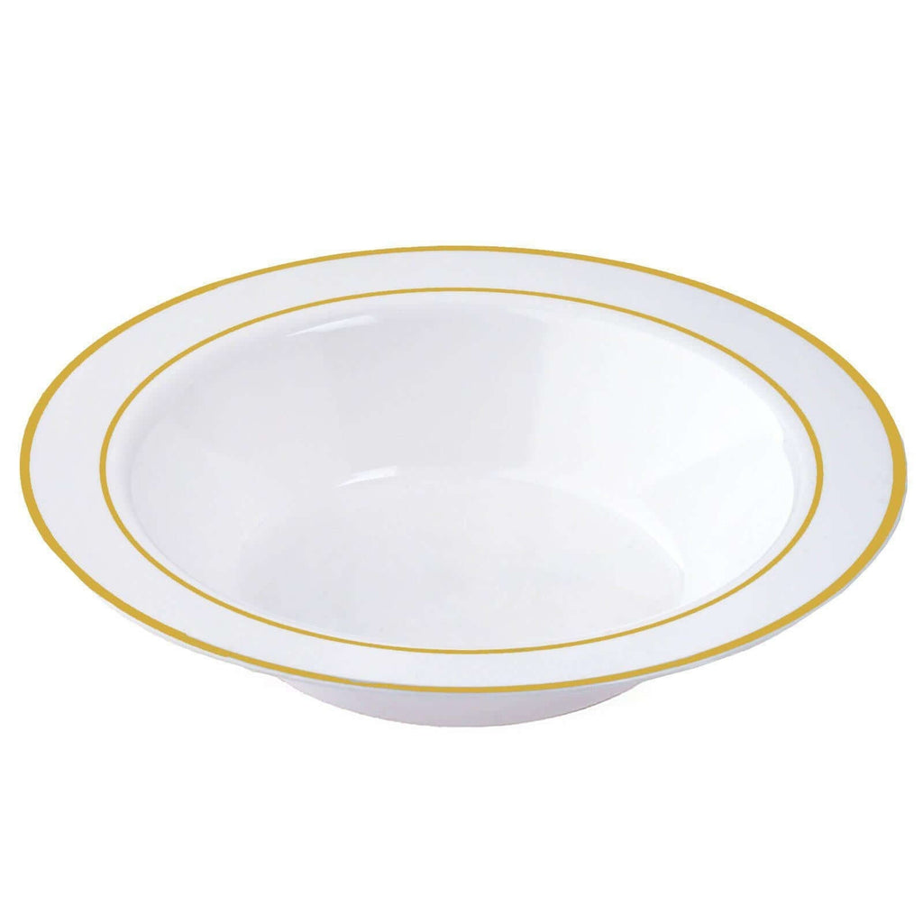 10-Pack Plastic Soup Bowls White with Gold Rim - Stylish Disposable Bowls for Parties 12oz