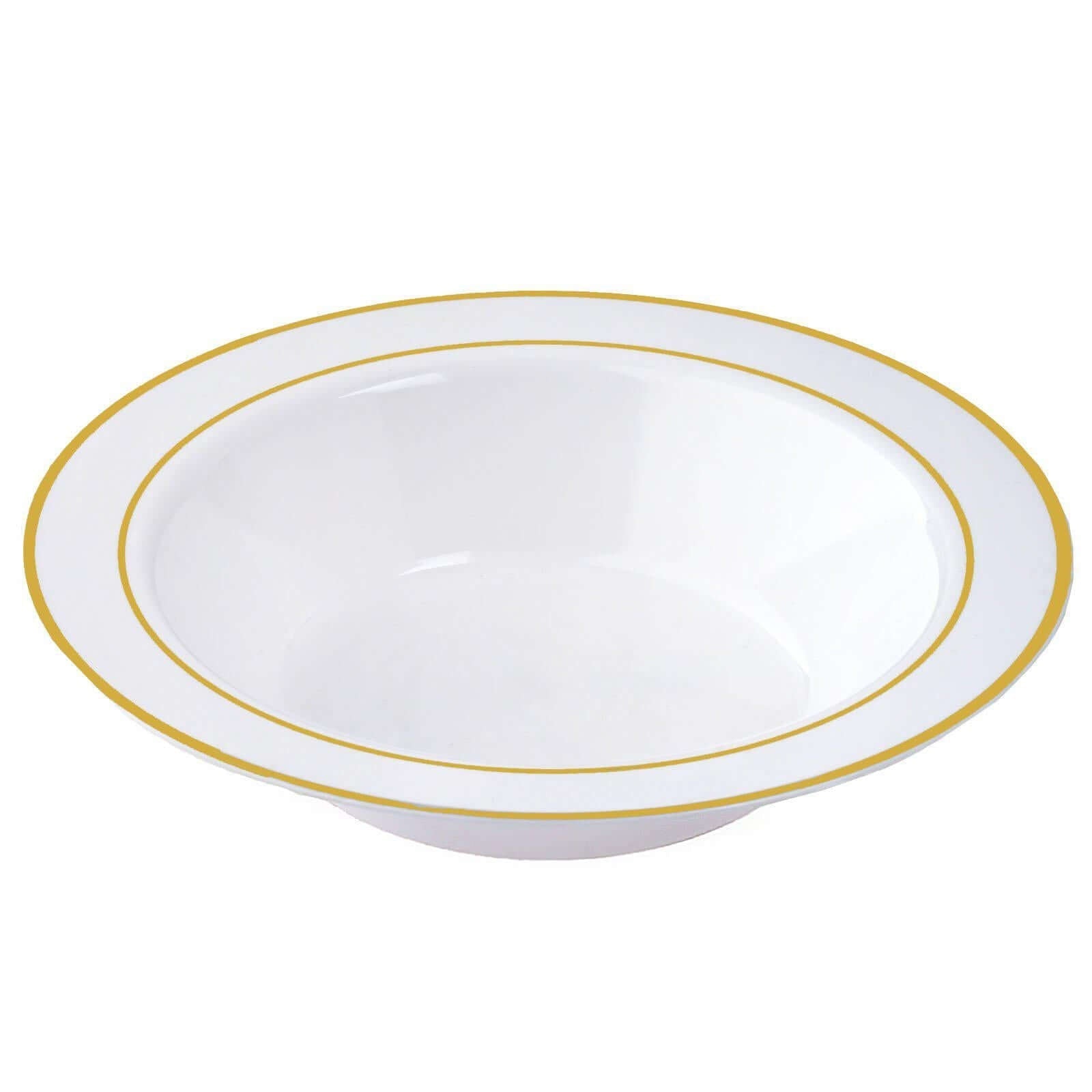 10-Pack Plastic Soup Bowls White with Gold Rim - Stylish Disposable Bowls for Parties 12oz