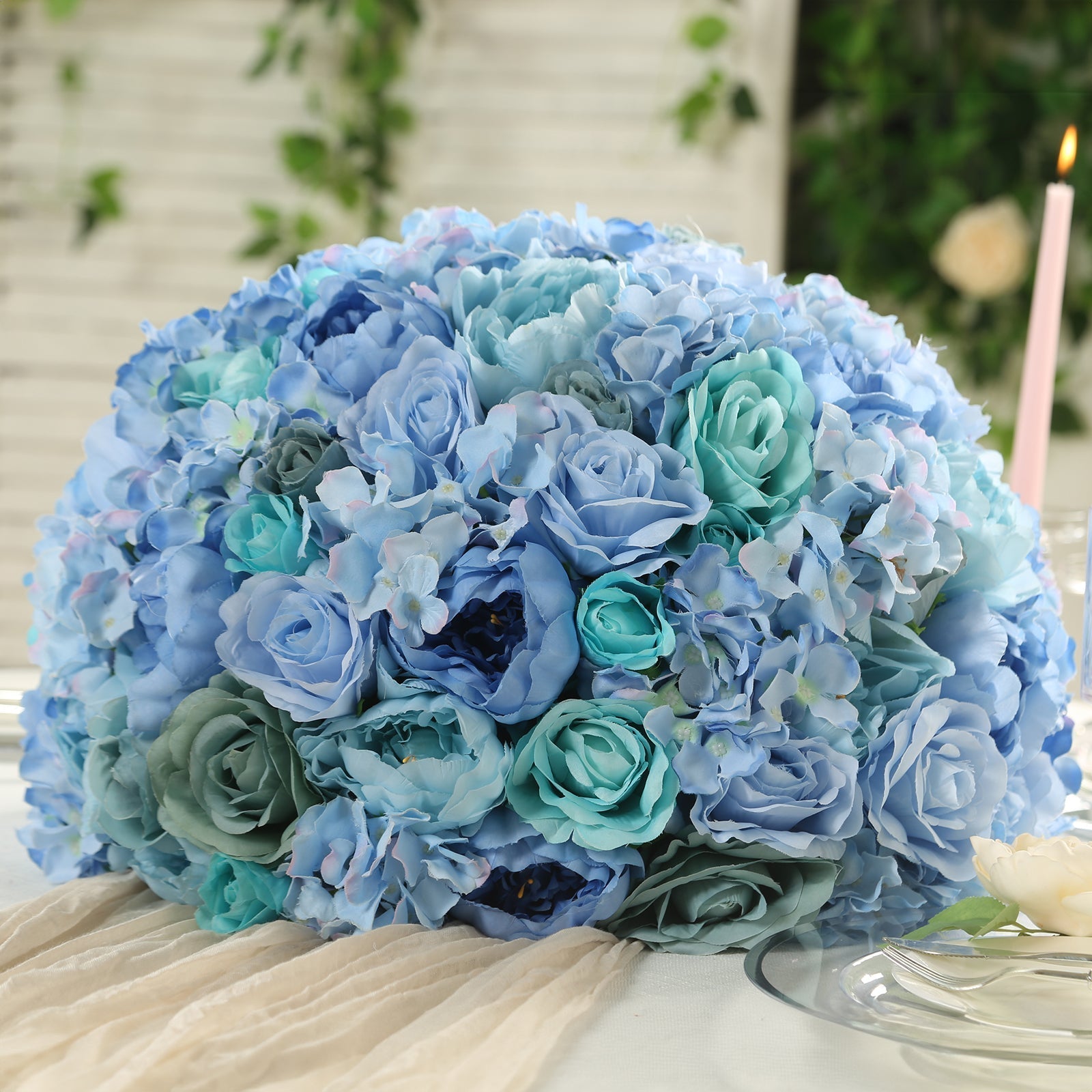 Pre - Arranged Silk Rose Wedding Centerpiece, Blue Artificial Rose Flower Balls Arrangement Table Decor - 20" - Bell Racket Store