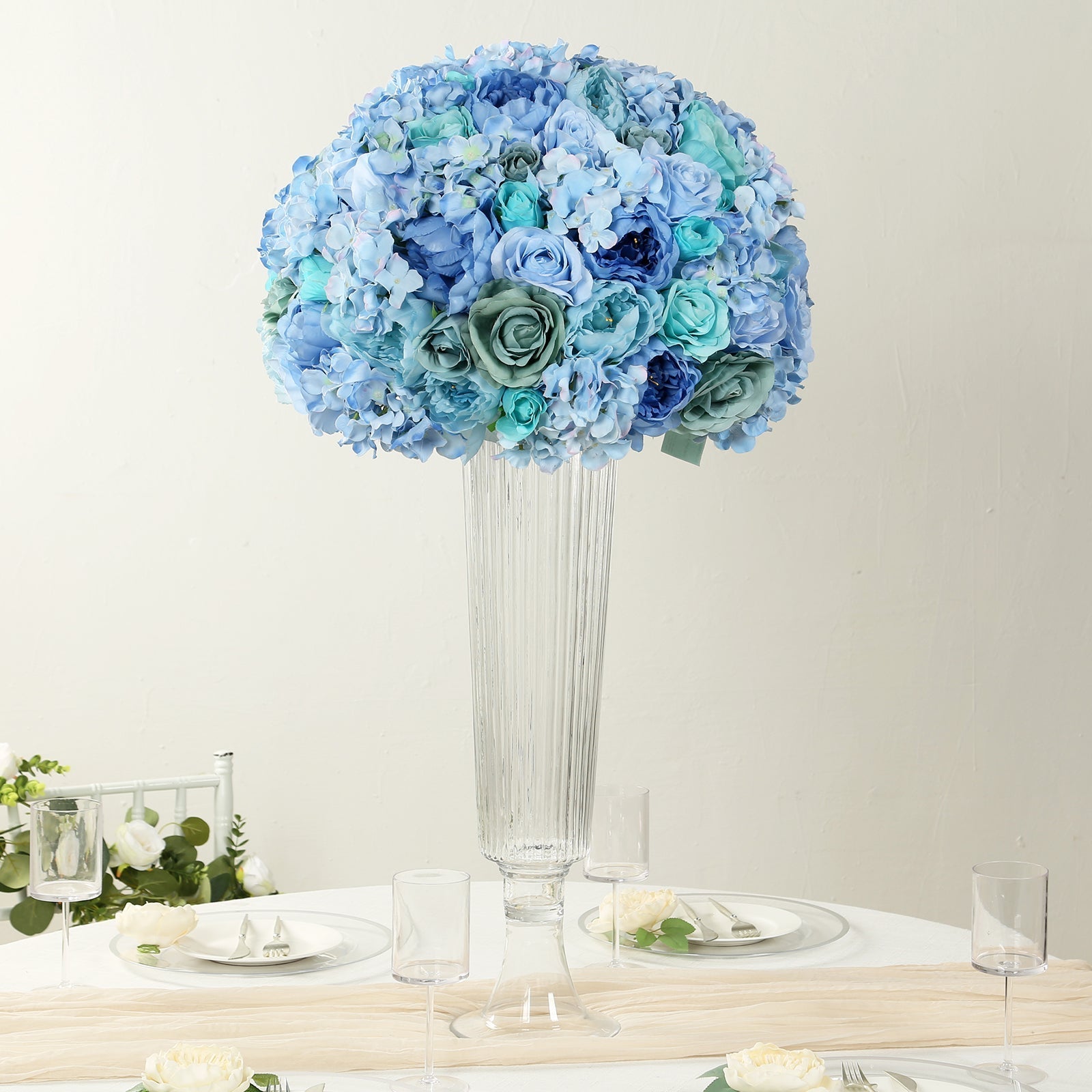Pre - Arranged Silk Rose Wedding Centerpiece, Blue Artificial Rose Flower Balls Arrangement Table Decor - 20" - Bell Racket Store