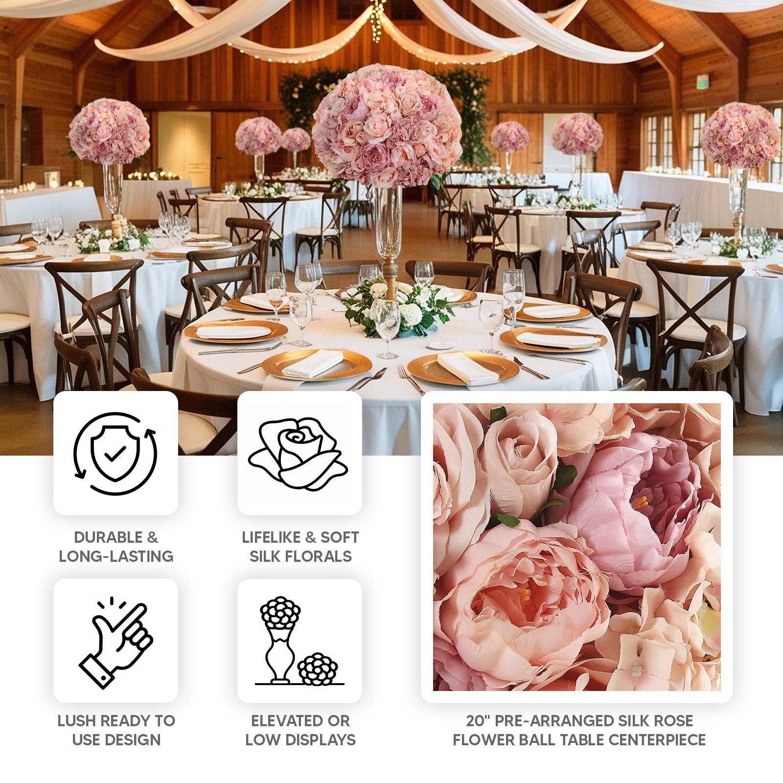 Pre - Arranged Silk Rose Wedding Centerpiece, Blush Artificial Rose Flower Balls Arrangement Table Decor - 20" - Bell Racket Store