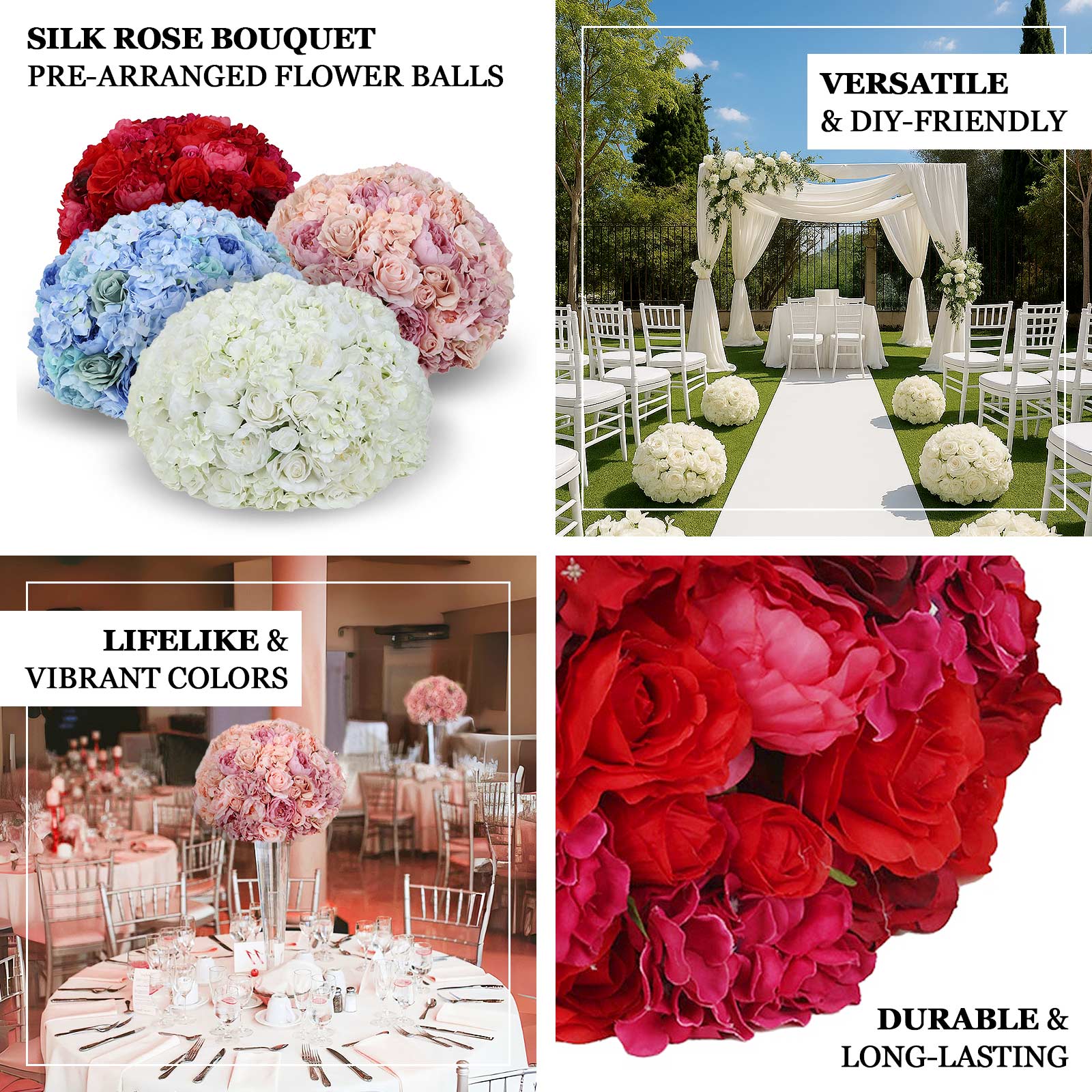 Pre - Arranged Silk Rose Wedding Centerpiece, Ivory Artificial Rose Flower Balls Arrangement Table Decor - 20" - Bell Racket Store