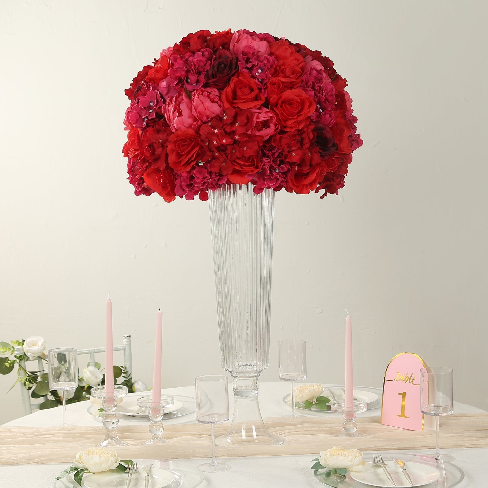 Pre - Arranged Silk Rose Wedding Centerpiece, Red Artificial Rose Flower Balls Arrangement Table Decor - 20" - Bell Racket Store