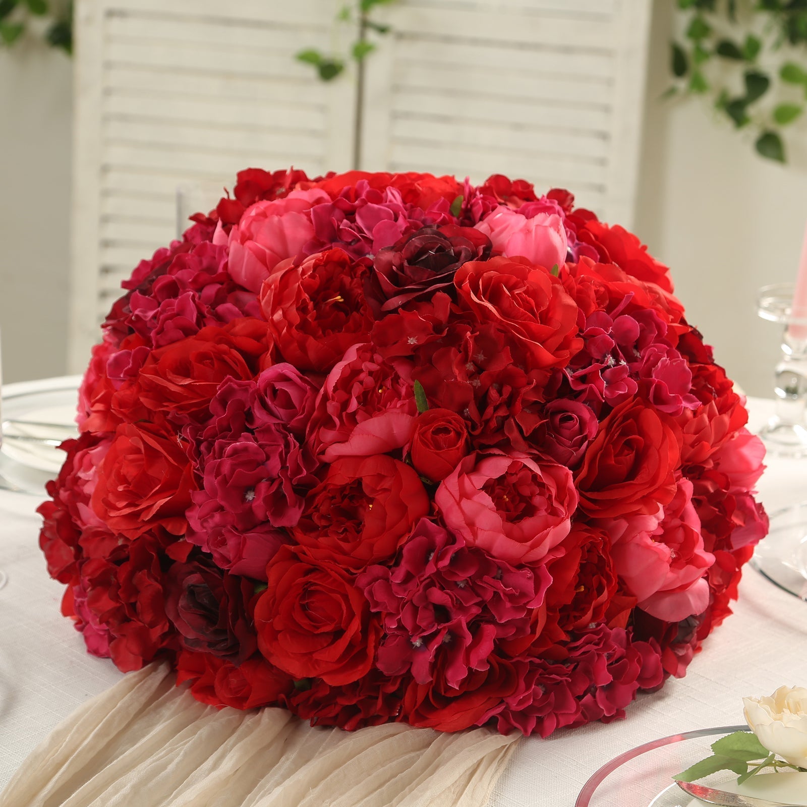 Pre - Arranged Silk Rose Wedding Centerpiece, Red Artificial Rose Flower Balls Arrangement Table Decor - 20" - Bell Racket Store