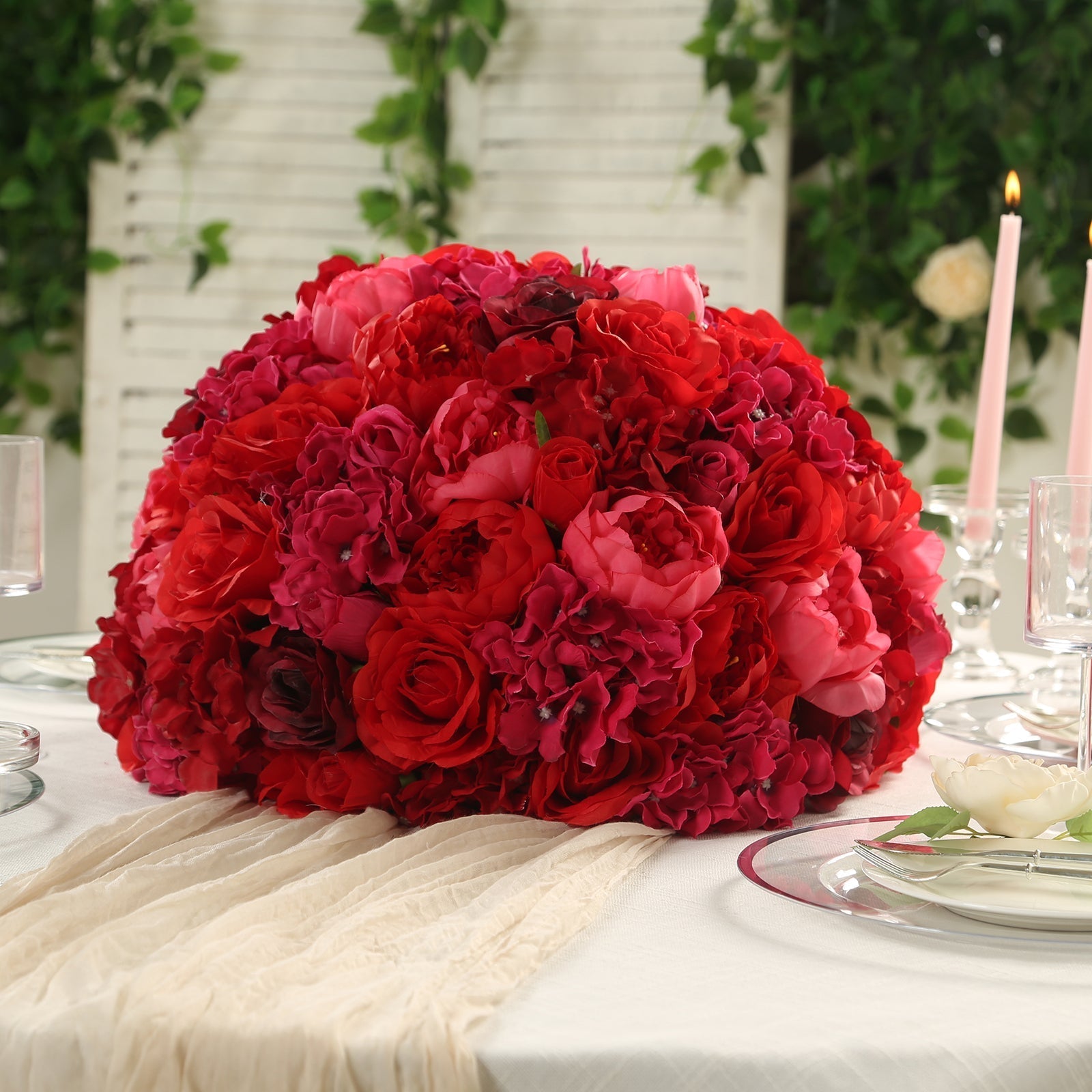 Pre - Arranged Silk Rose Wedding Centerpiece, Red Artificial Rose Flower Balls Arrangement Table Decor - 20" - Bell Racket Store