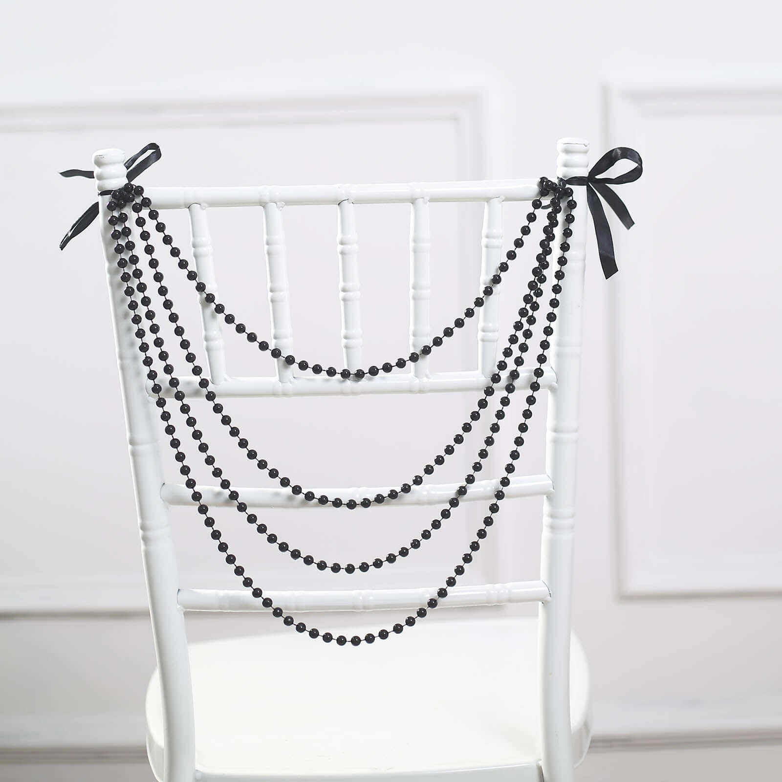 Faux Pearl Beaded 16" Chair Back Garland Sash Black Gatsby-Inspired Style - Pre-Tied Chic Wedding Decor for Chiavari Chairs