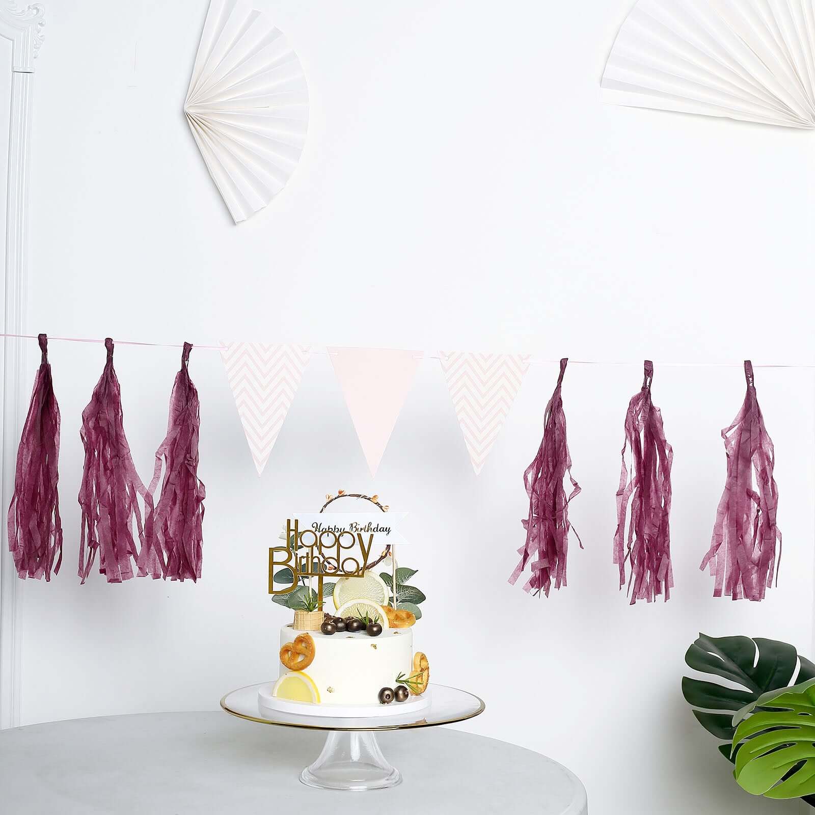 12 Pack Pre-Tied Eggplant Tissue Paper Tassel Garland With String, Hanging Fringe Party Streamer Backdrop Decor