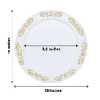 10-Pack Plastic 10" Round Dinner Plates in White with Gold Embossed Scalloped Edge - Chic Disposable Party Plates for Special Occasions & Banquets