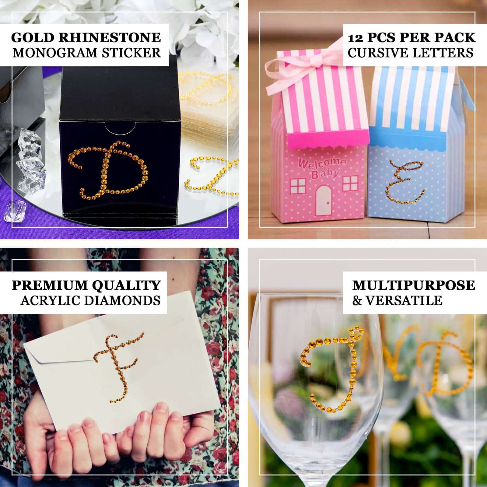 12 Pack 1.5" Gold Rhinestone Monogram Letter Jewel Sticker Self Adhesive DIY Diamond Decor - Q