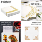 25 Pack Linen-Like Paper 8"x4" Napkins White with Metallic Gold Foil Scroll Design - Soft & Absorbent Airlaid Hand Towels for Exquisite Weddings & Events