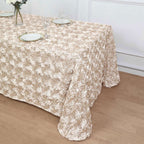 Satin 90"x132" Rectangle Tablecloth Beige - Grandiose 3D Rosette Seamless Table Cover