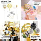 6 Pcs Happy Birthday Cake Topper Silver/Gold - Fun Cake Decoration with 4 Mini Paper Fans & Confetti Balloon for Themed Parties & Special Occasions