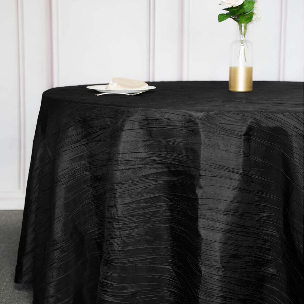 Taffeta 120" Round Tablecloth Black - Seamless Accordion Crinkle Design for Stylish Occasions