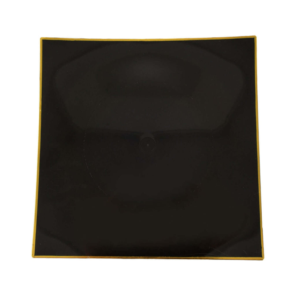 10-Pack Plastic 8" Square Dessert Plates in Black Concave Style with Gold Rim - Modern Disposable Salad Appetizer Party Plates