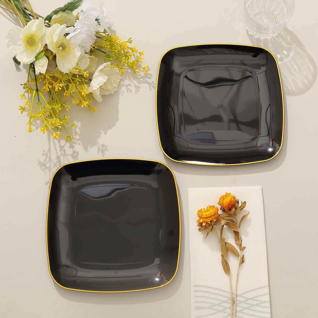 10-Pack Plastic 7" Square Dessert Plates in Black with Gold Rim - Classy Disposable Appetizer Salad Plates