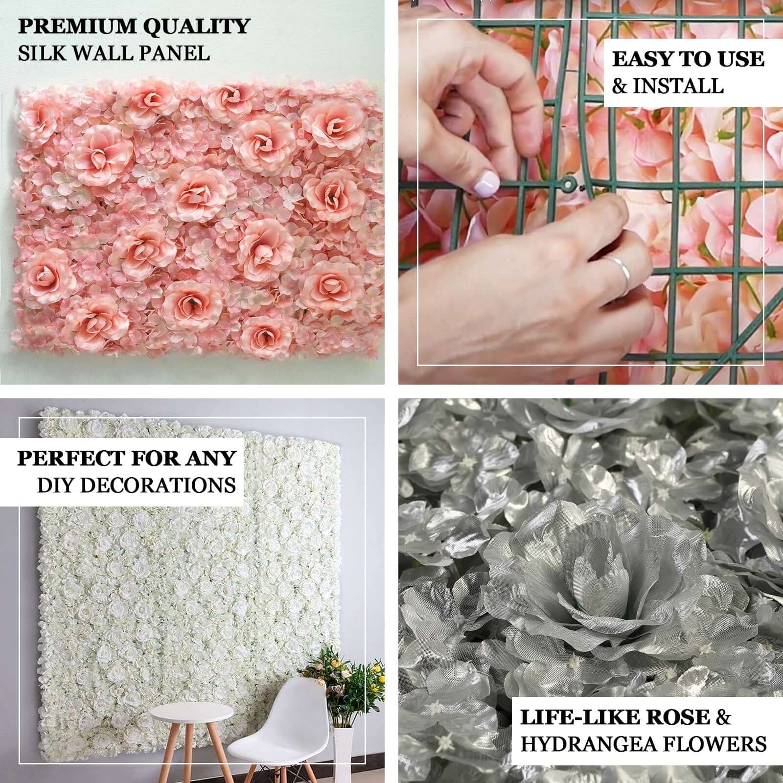 11 Sq ft. Blush and Cream 3D Silk Rose and Hydrangea Flower Wall Mat Backdrop - 4 Artificial Panels