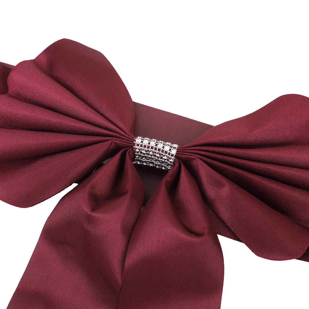 5 Pack Satin Faux Leather Chair Sashes Burgundy - Durable Double Sided Pre-tied Bow Tie Chair Bands with Diamond Rhinestone Buckles