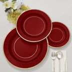 25-Pack Paper 8" Round Dessert Plates in Burgundy Sunray Design with Gold Rim - Disposable Heavy Duty 350GSM Appetizer Salad Plates