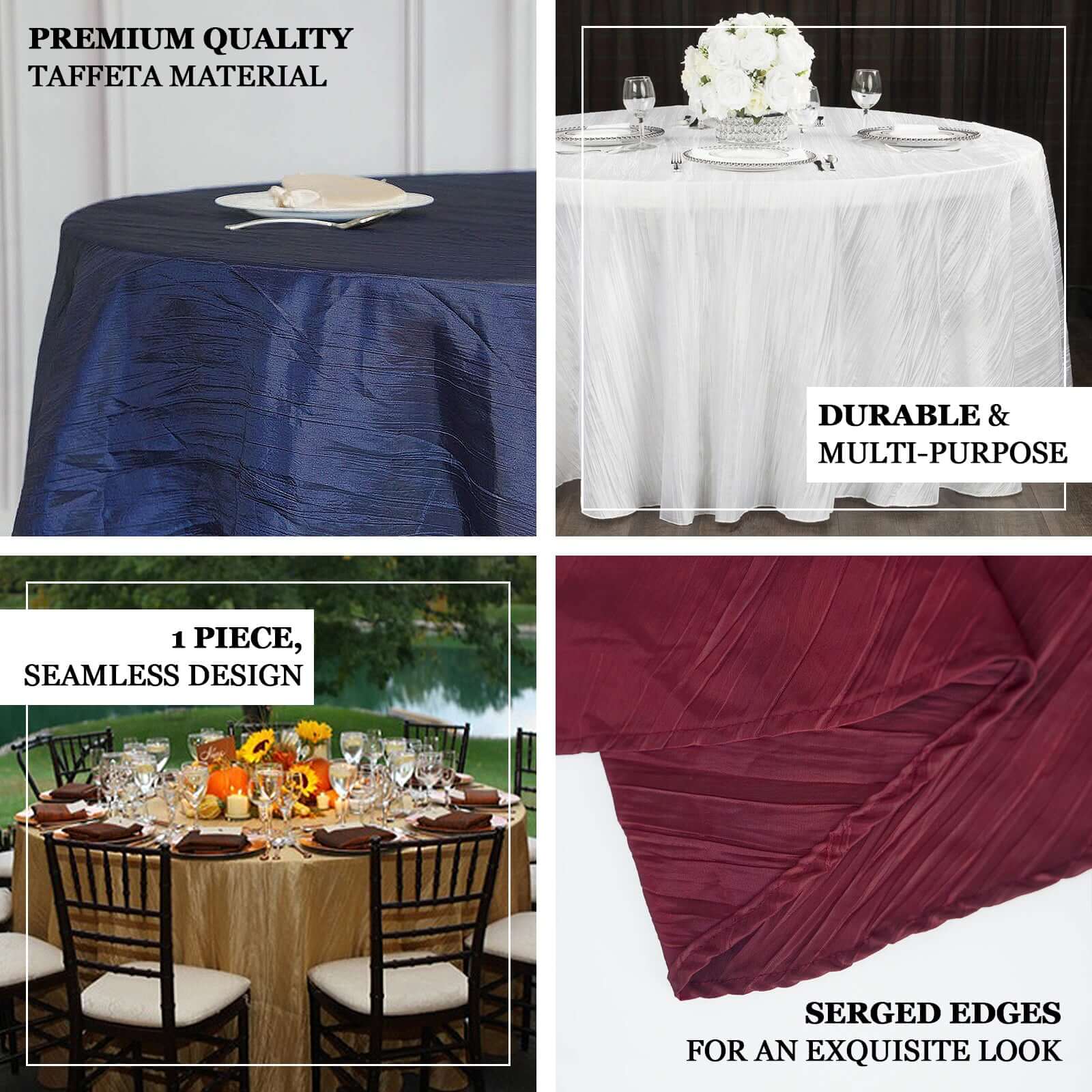 Taffeta 120" Round Tablecloth Burgundy - Seamless Accordion Crinkle Table Cover