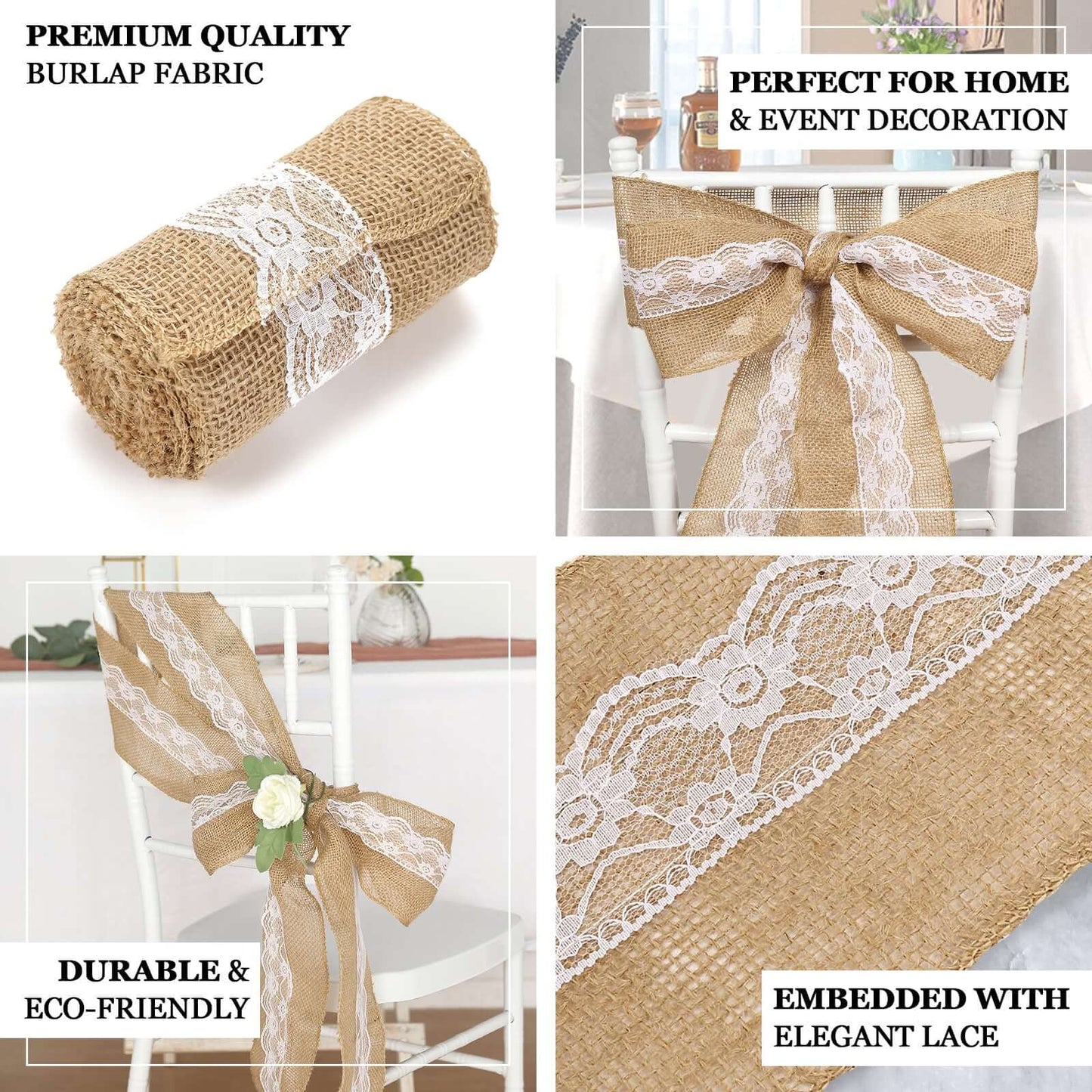 Natural Burlap Chair Sash 5"x108" with Lace Hessian Jute - Rustic Bow Design for Weddings & Gatherings