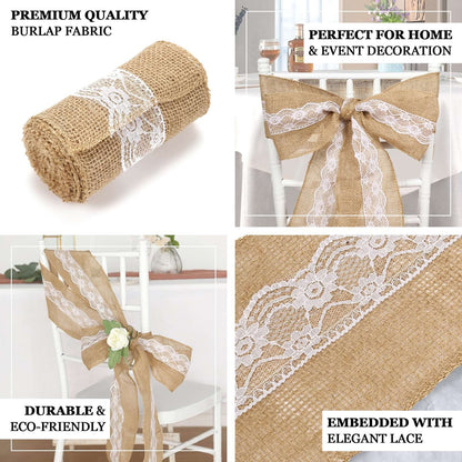 Natural Burlap Chair Sash 5"x108" with Lace Hessian Jute - Rustic Bow Design for Weddings & Gatherings