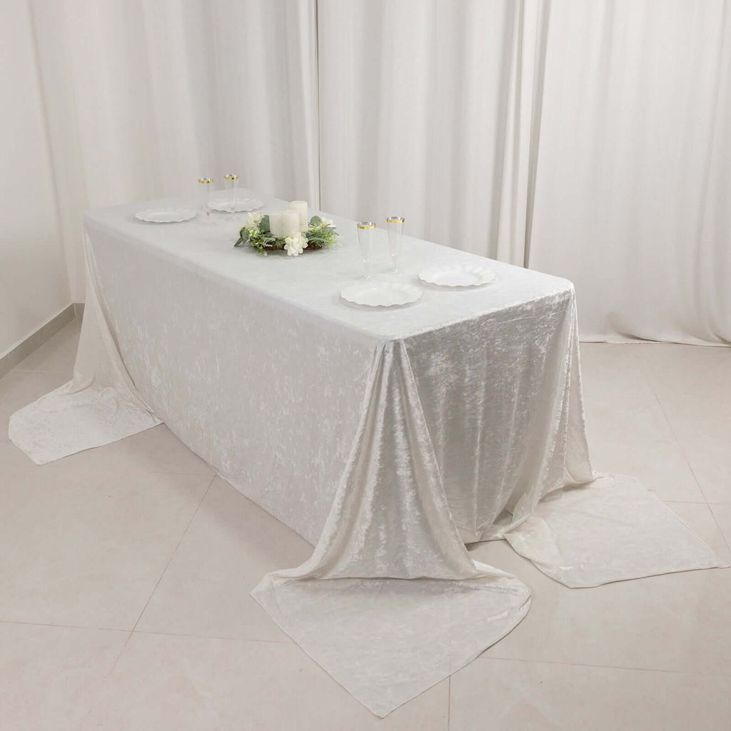 Premium Crushed Velvet 90"x156" Rectangle Tablecloth White - Reusable Soft & Sophisticated Seamless Table Cover - Bell Racket Store