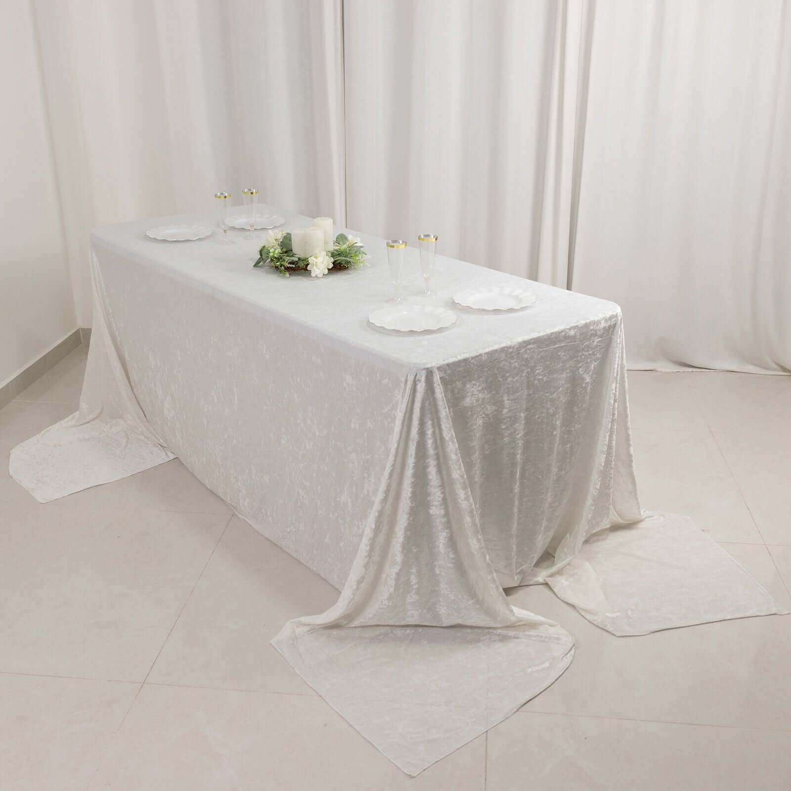 Premium Crushed Velvet 90"x156" Rectangle Tablecloth White - Reusable Soft & Sophisticated Seamless Table Cover - Bell Racket Store