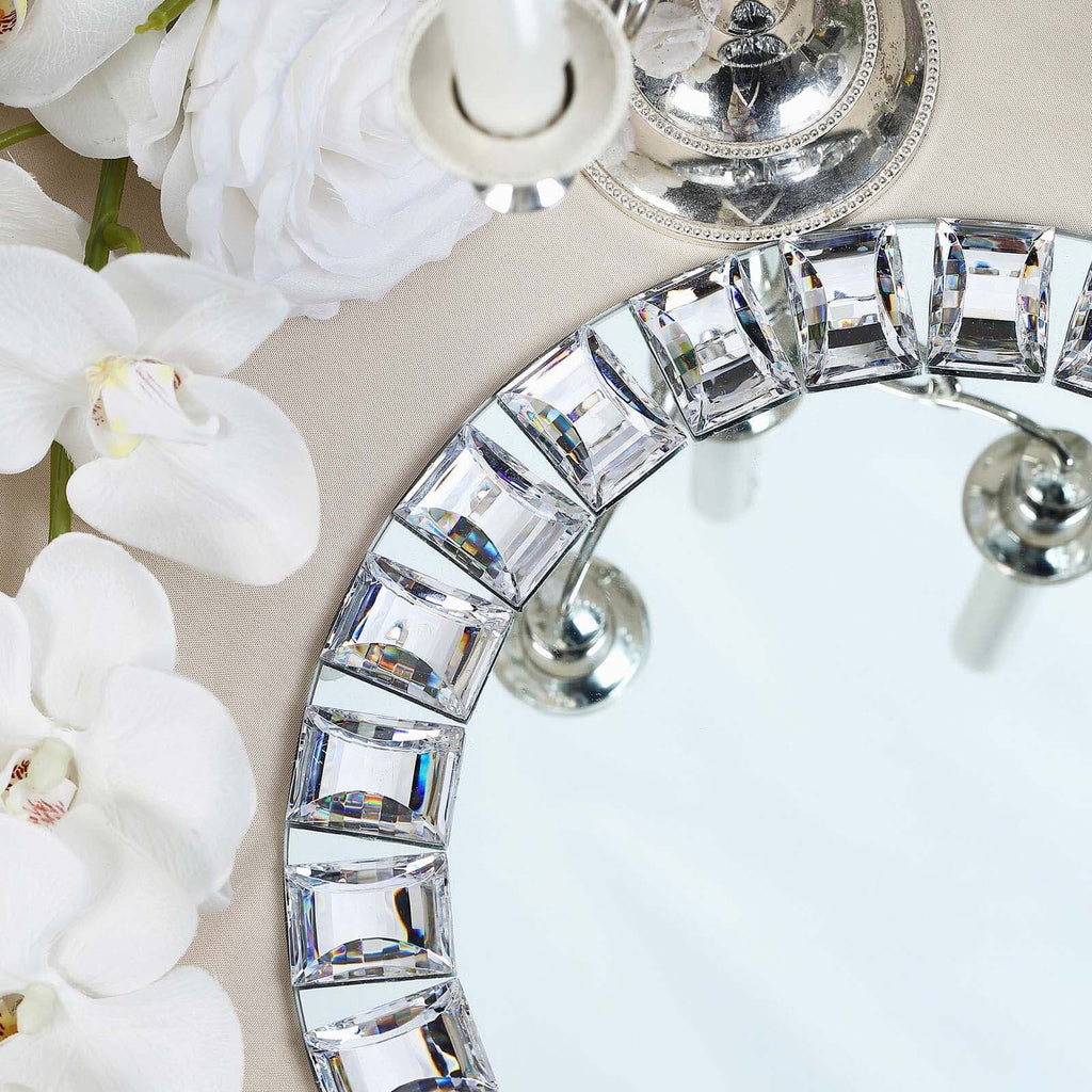 2-Pack Glass Mirror Round Charger Plates 13" in Silver with Jeweled Rim - Premium Decorative Dinner Party Charger Tableware