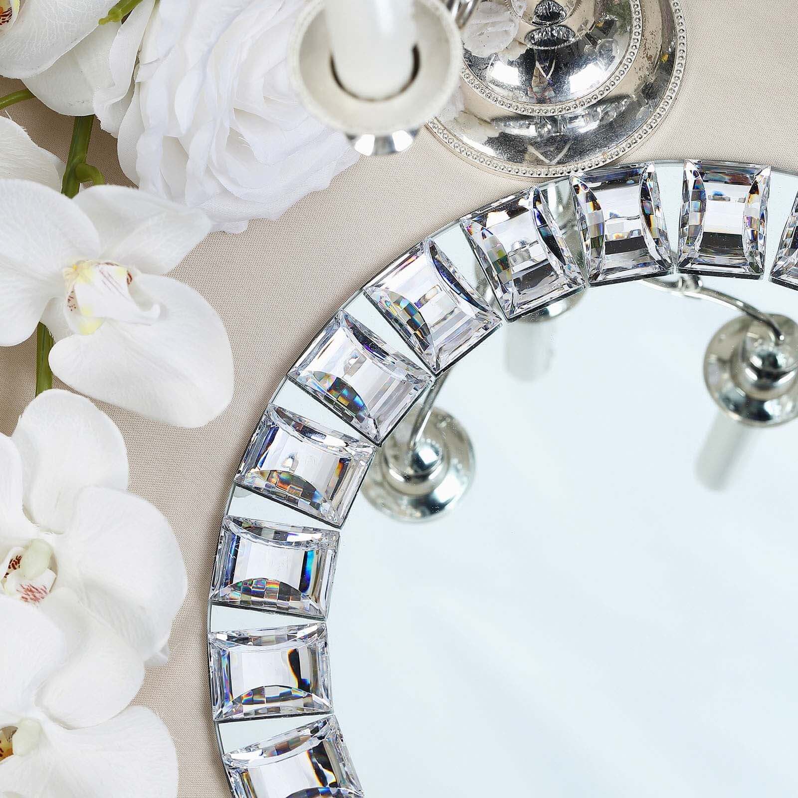 2-Pack Glass Mirror Round Charger Plates 13" in Silver with Jeweled Rim - Premium Decorative Dinner Party Charger Tableware