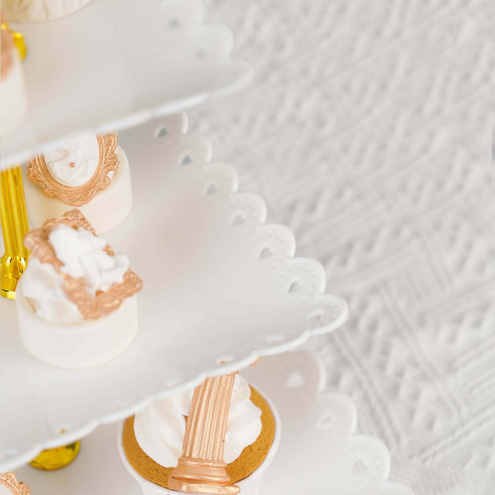 3-Tier Plastic Square Cupcake Stand Tower White - Charming Disposable Dessert Display Serving Tray Platter with Heart Wavy Edge & Gold Top Handle for Tea Parties Weddings & Special Occasions 13"