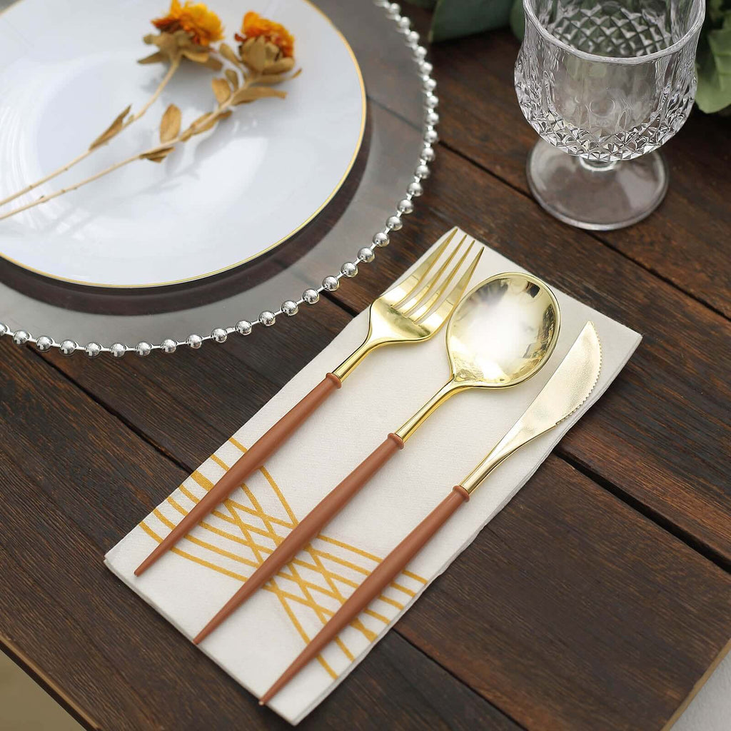 24-Pack Plastic Flatware Set in Metallic Gold with Brown Handle - Heavy Duty Disposable Modern Silverware 8"