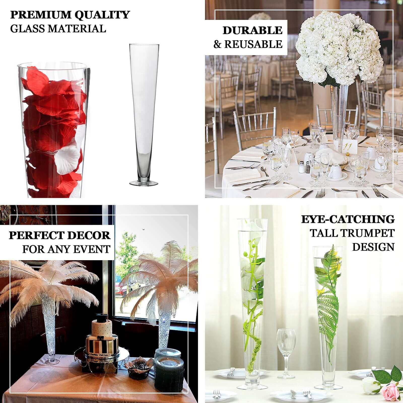 4-Pack Glass Trumpet Vases Clear - Durable Design for Chic Event Displays 28"