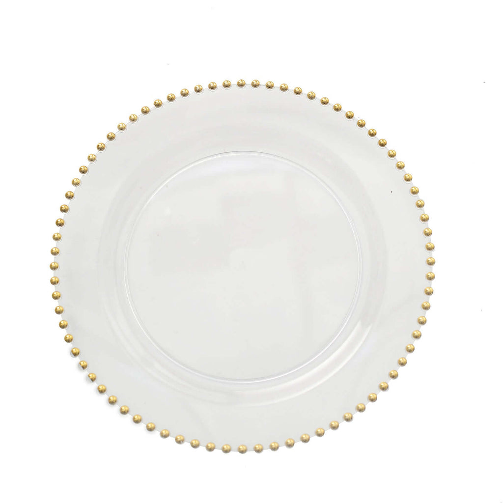 10-Pack Plastic 10" Round Dinner Plates in Clear with Gold Beaded Rim - Disposable Party Plates for Banquets & Festive Occasions