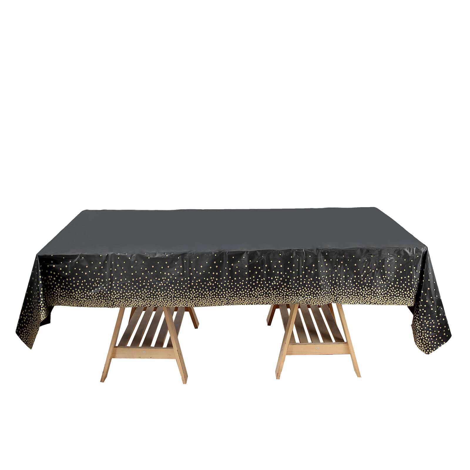 5-Pack Plastic Table Covers Black Rectangle with Gold Confetti Dots - Durable PVC Disposable Tablecloths for Events 54"x108"