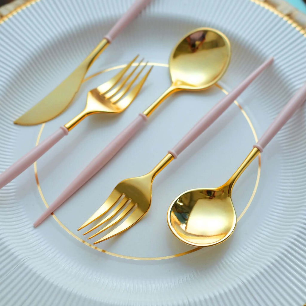 24-Pack Plastic Flatware Set in Metallic Gold with Blush Handle - Heavy Duty Disposable Modern Silverware 8"
